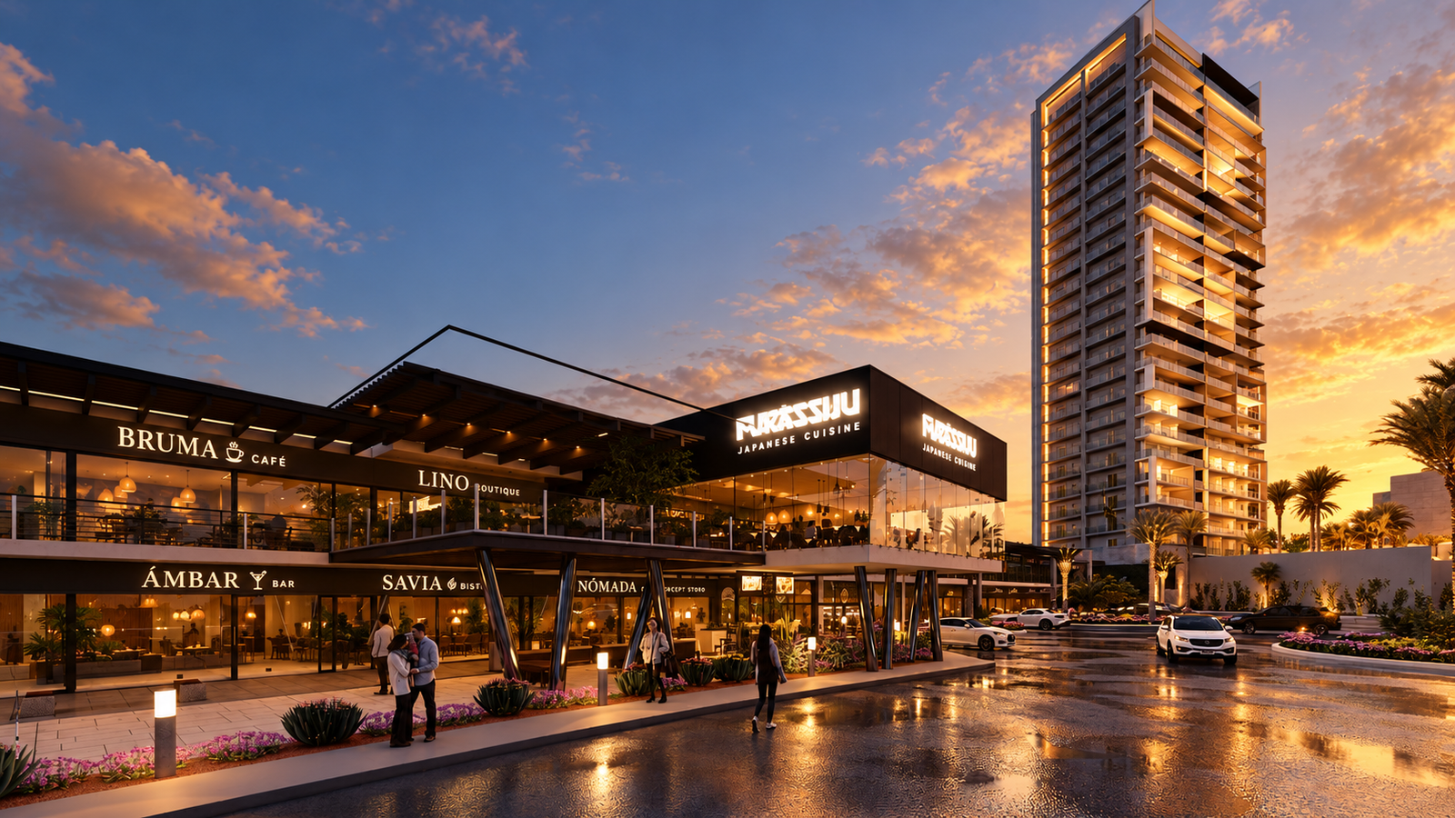 Torre Ónix y plaza comercial con luz cálida de atardecer